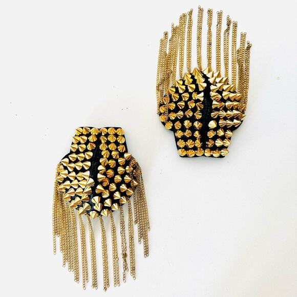 NEW Black Gold Felt Studded Chain Shoulder Pad Brooch Clip Pin Epaulet Jewelry - Picture 1 of 7